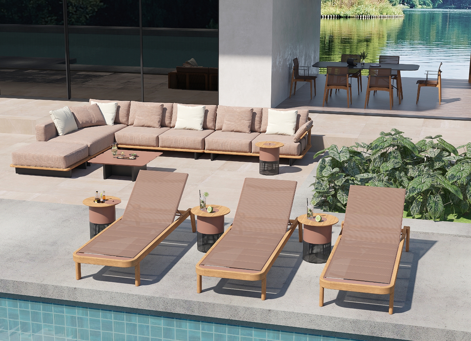 Teak Outdoor Sun Lounger Sofa And Table Set